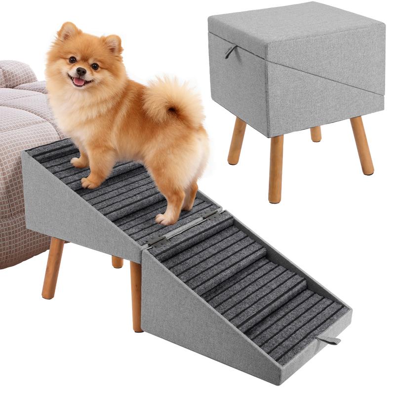 2-in-1 Foldable Dog Stairs & Ramp, Joint-Protective Wooden Pet Ramp for Beds & Couches